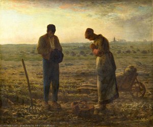 Tableau de l'Angelus de Millet. Un jeune paysan et une jeune paysanne au XIXe siècle se sont figés dans les champs, le temps d'une prière de l'Angelus, le soir. Le ciel est aux couleurs du couchant et on aperçoit un clocher sur l'horizon.
