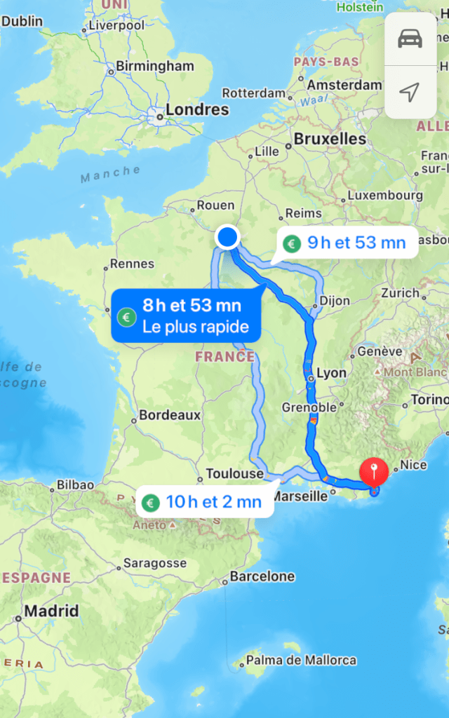 La carte montrant le trajet traversant toute la France pour aller de Paris à Gassin