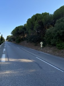 Un panneau en forme de croix, uur le bas-côté de la route. Il annonce les horaires de messe à l'entrée du village. le ciel estival est bleu et des beaux arbres méridionaux bordent la route