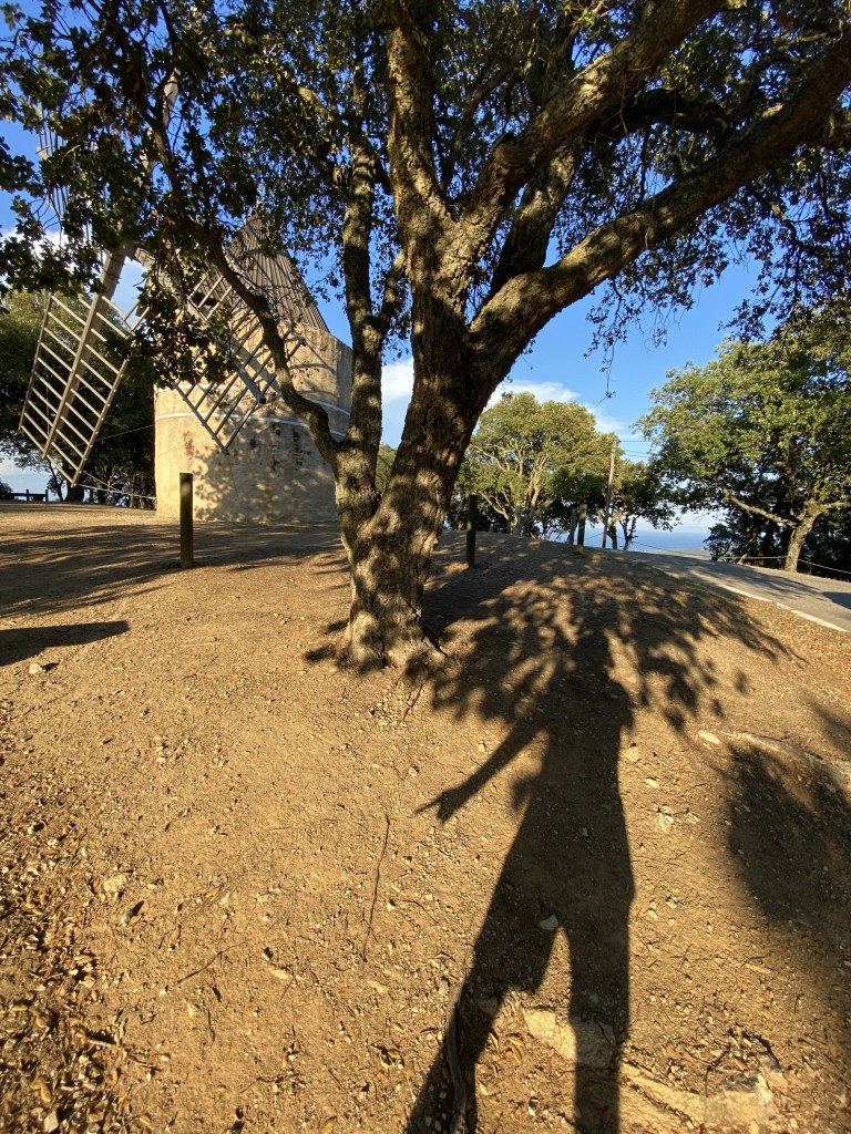 Moulin à côté d'un arbre. en premier plan, on voit l'ombre portée du photographe sur un sol de terre battue de couleur ocre.