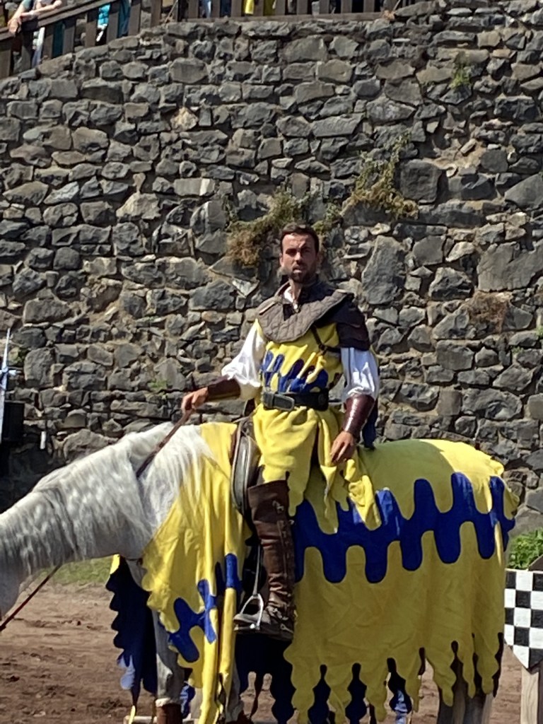 Un cavalier de l'époque médiévale est assis sur son destrier couvert d'un caparaçon jaune, traversé d'un brandebourg bleu. Spectacle de chevalerie réconstitué au chateau de Murol, dans le Puy-de-Döme