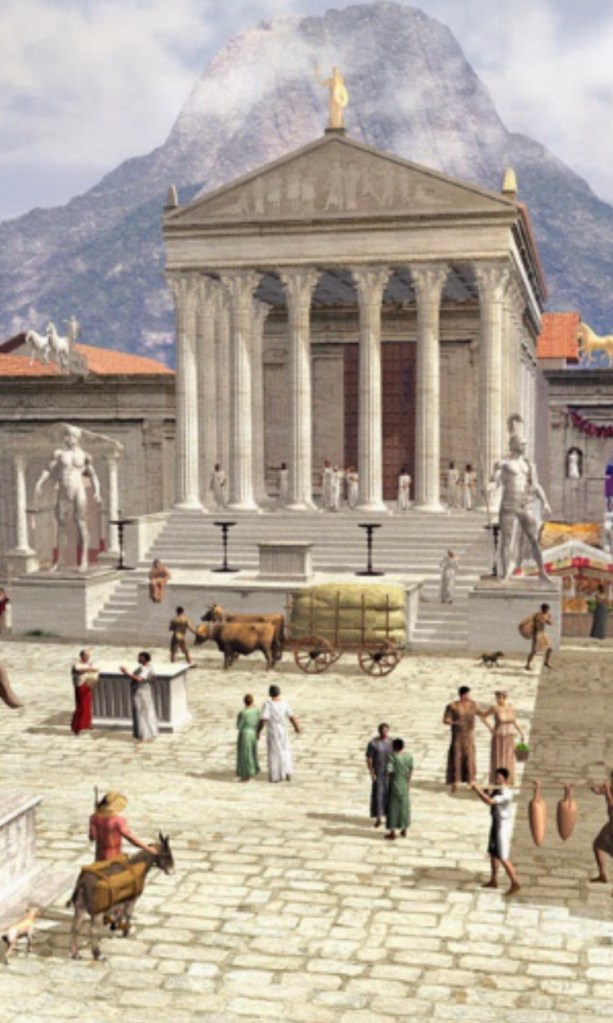 Le Temple de Jupiter, devenu plus tard le Temple dédié aux trois principales divinités de la « ville éternelle » (Jupiter, Junon et Minerve), surplombait la place du Forum à Pompei. On y voit l'animation habituelle d'un forum antique