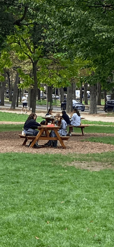 Des jeunes filles et garçons se sonoyeusement autor d'une table de plein air au jardin du Ranelagh.t attablés j