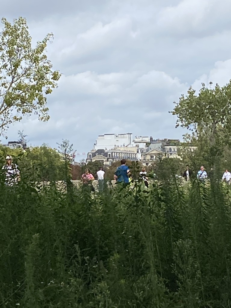 une épaisse verdure en premier plan laisse entrevoir des silhouettes de passants, déambulant sur le Quai Branly, par une tiède après-midi de fin d'été.