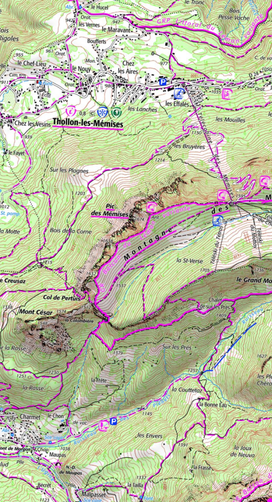 extrait sus la forme d'une capture d'écran de lGN iPhone montrant la carte IGN de Thollon les Mémises où nous avons marché et pris les photos.