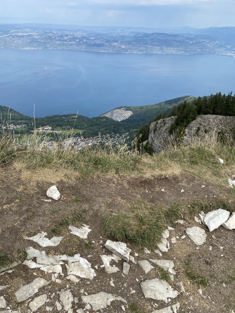 La blanche carrière des Étalins se détache du premier plan terreux et pierreux, et en arrière plan, plus bas, le lac Léman
