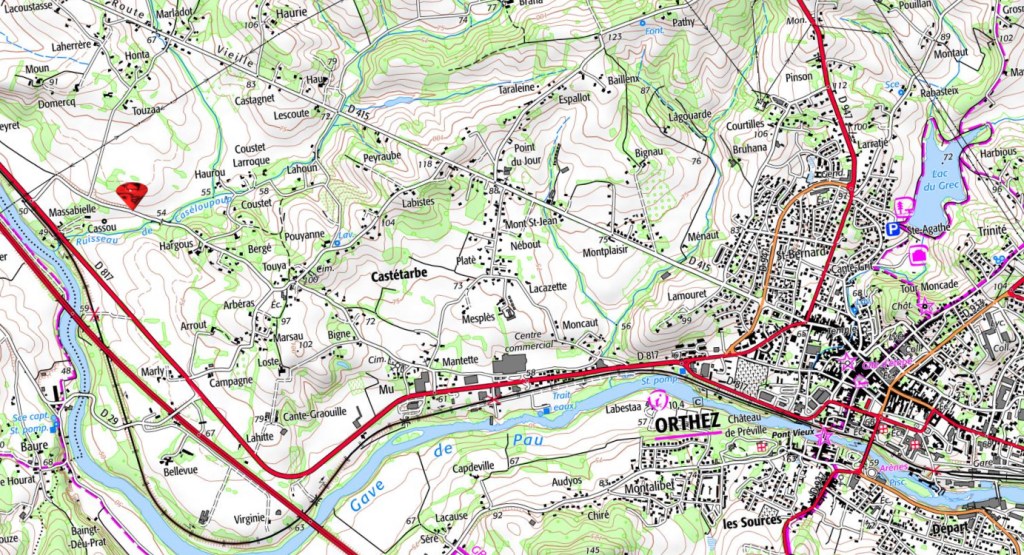 Carte IGN situant le domaine de Cassou (propriété privée) près d'Orthez.