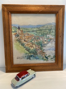 Joli encadrement en Pitchpin représentant le village de Pont-du-Château dans le département du Puy de Dôme